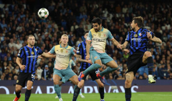 Soccer Football – Champions League – Manchester City v Inter Milan – Etihad Stadium, Manchester, Britain – September 18, 2024 Manchester City’s Ilkay Gundogan heads at goal REUTERS/Phil Noble